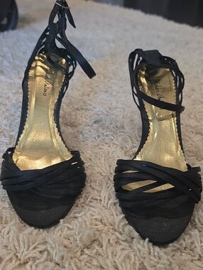 Michael Antonio Black Strappy Heeled Sandals with Gold Insole